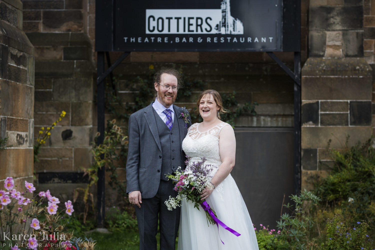 bride and groom portrait on their wedding day in front of the Cottiers sign