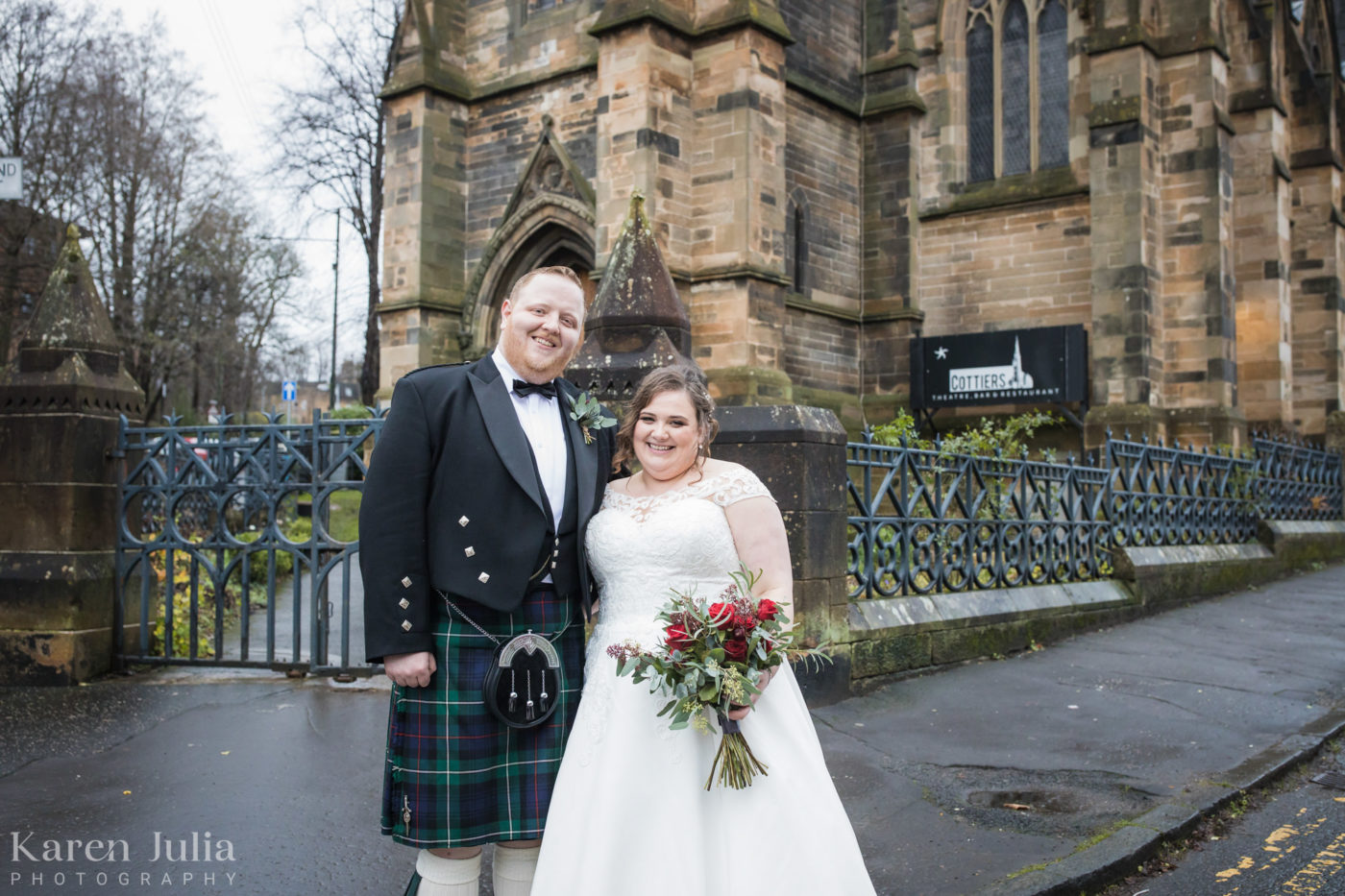 bride and groom portrait outside Cottiers at their winter wedding