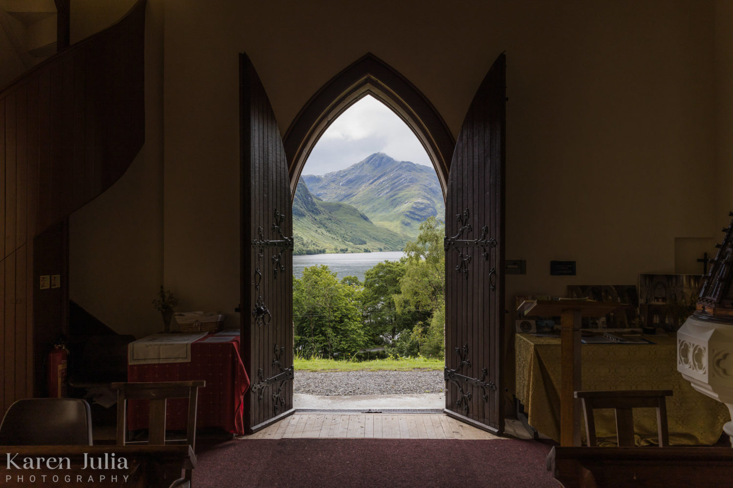 view of the valley from inside St Mary and St Finnan church