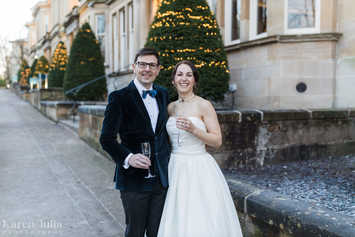 bride and groom portrait on their wedding day outside One Devonshire Gardens