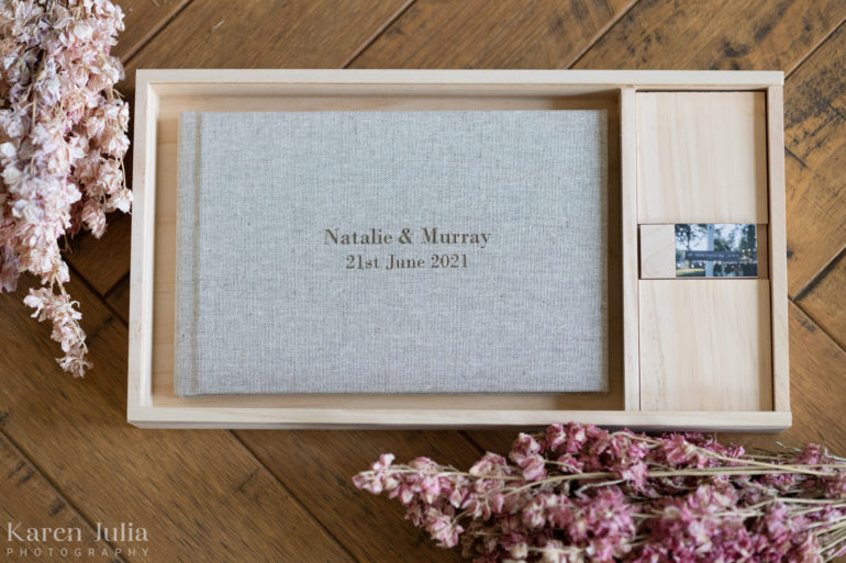 photo book in wooden box with wooden USB