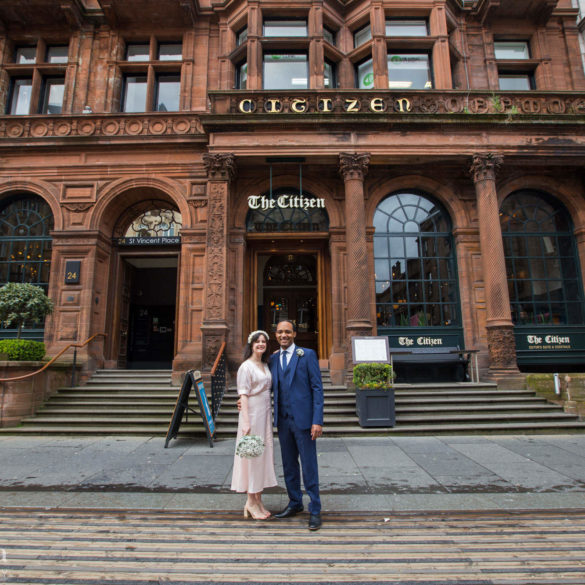 bride and groom portrait on their wedding day outside The Citizen Glasgow