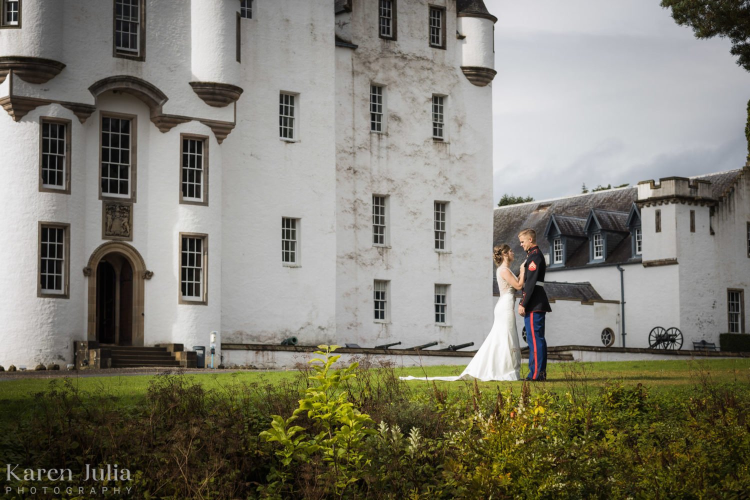 wedding day couple photo outside Blair Castle