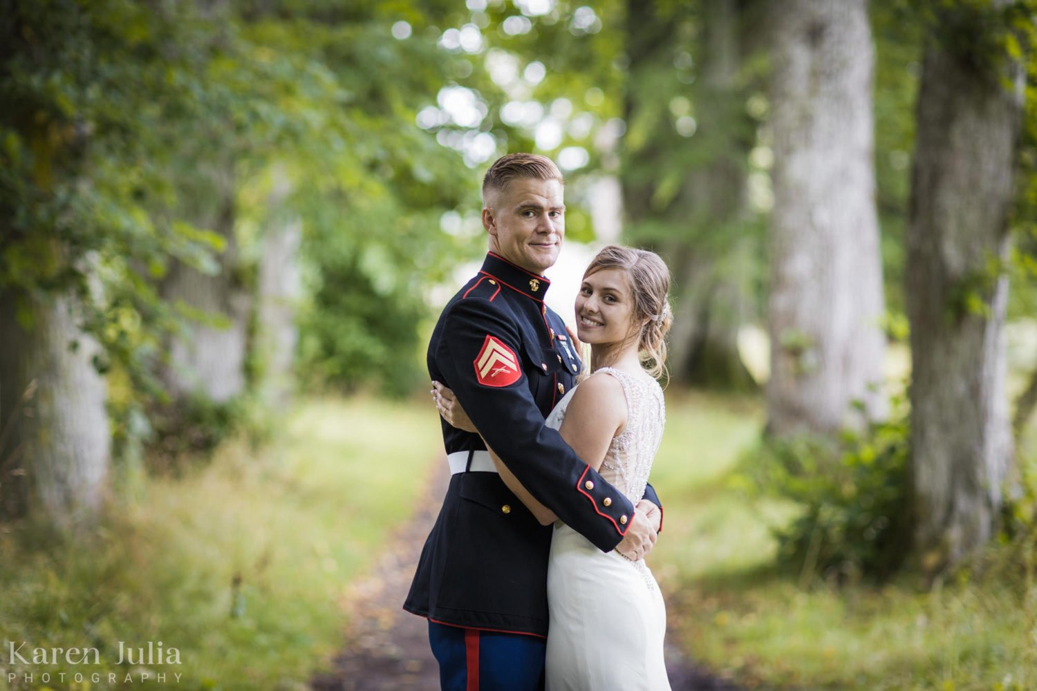 bride and groom portrait photos in the wooded grove at Blair Castle