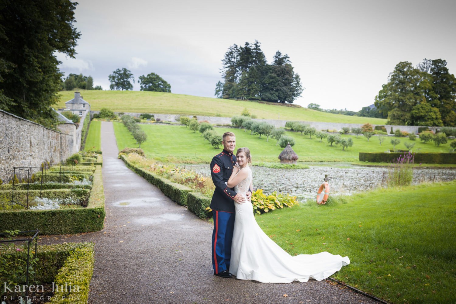bride and groom portrait in the walled garden at Blair Castle