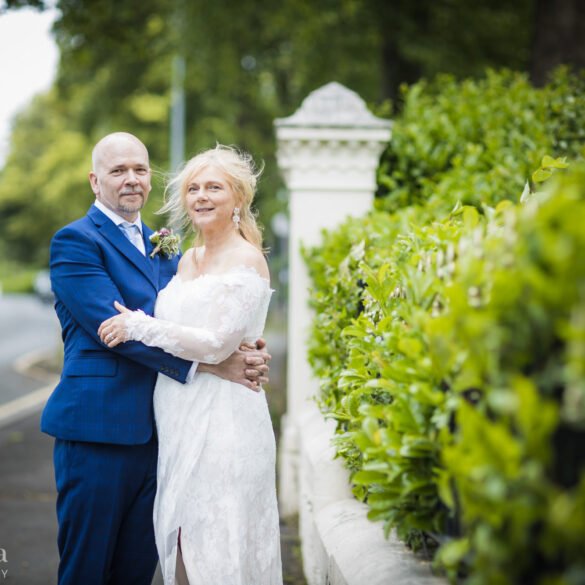 bride and groom portrait outside wedding venue Number 10 Hotel