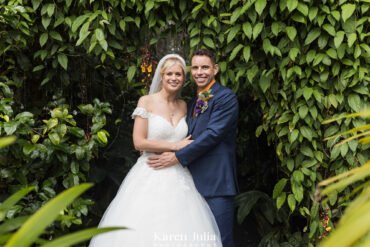 bride and groom portrait on their wedding day in Glasgow Botanic Gardens