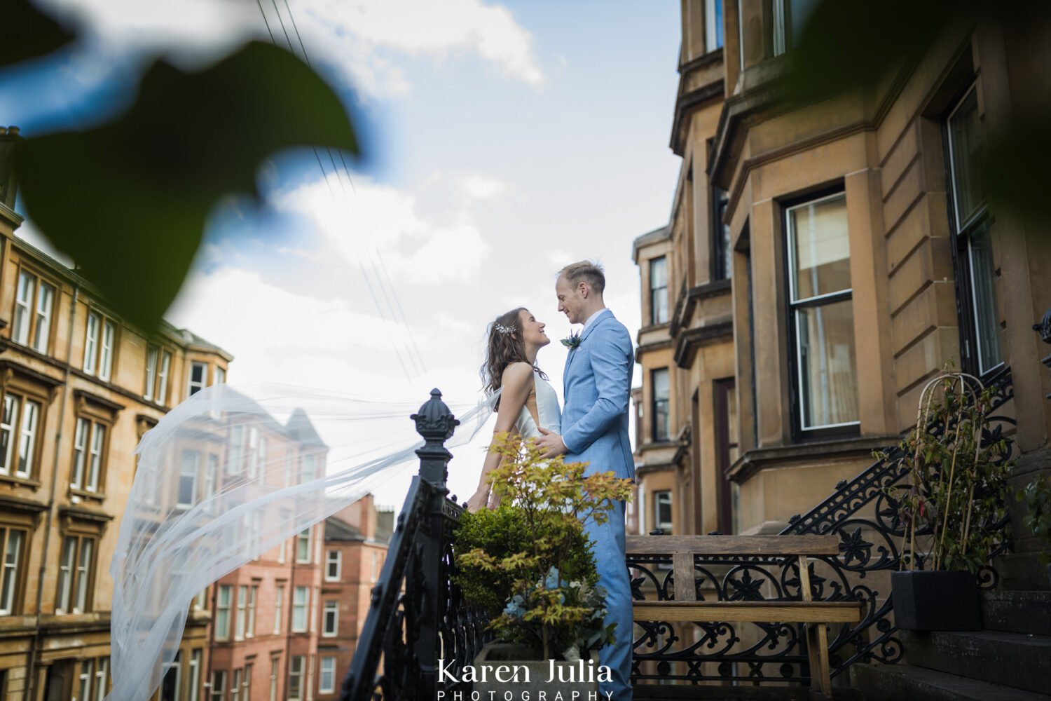 bride and groom wedding day portrait on Gardner Street near Cottiers