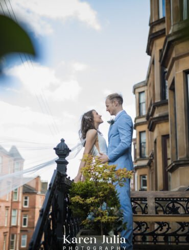 bride and groom wedding day portrait on Gardner Street near Cottiers